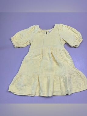 Cat Jack Girls Dress XS 4 / 5 Yellow Gauze Tiered Puff Sleeve